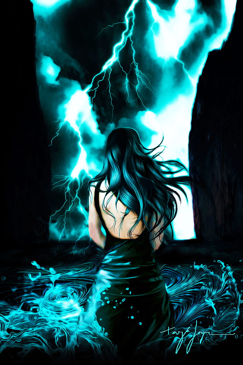 fantasy art, storm, witch, lightning, cyan, HD phone wallpaper
