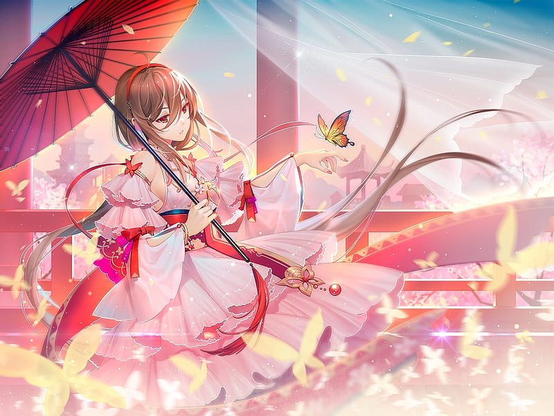 VSinger, pretty, scenic, dress cg, adorable, bonito, floral, sweet, pillars, nice, butterfly, anime, love, flowers, beauty, hot, anime girl, long hair, lovely, female, brown hair, sexy, cute, kawaii, girl, oriental, petals, lady, scene, maiden, HD wallpaper