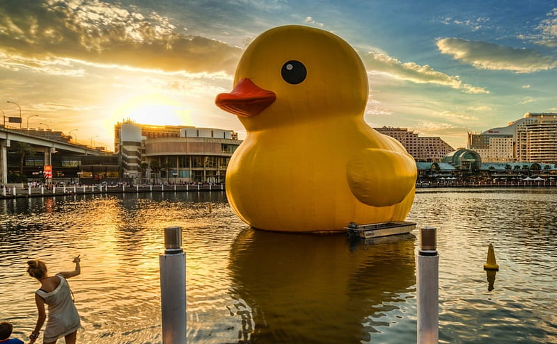 giant yellow duck in the harbor r, giant, duck, town, r, child, mother, harbor, HD wallpaper