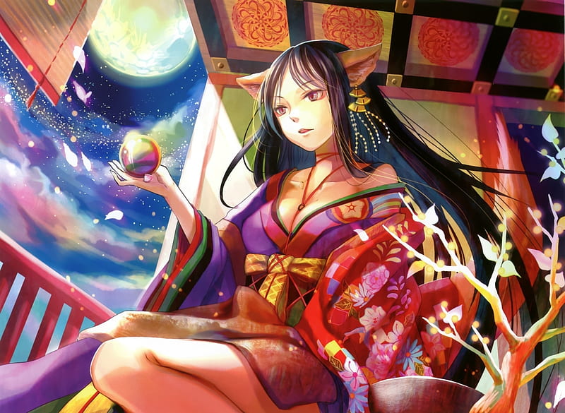 Girl, red, moon, manga, fuji choko, moon, anime, hand, blue, HD wallpaper