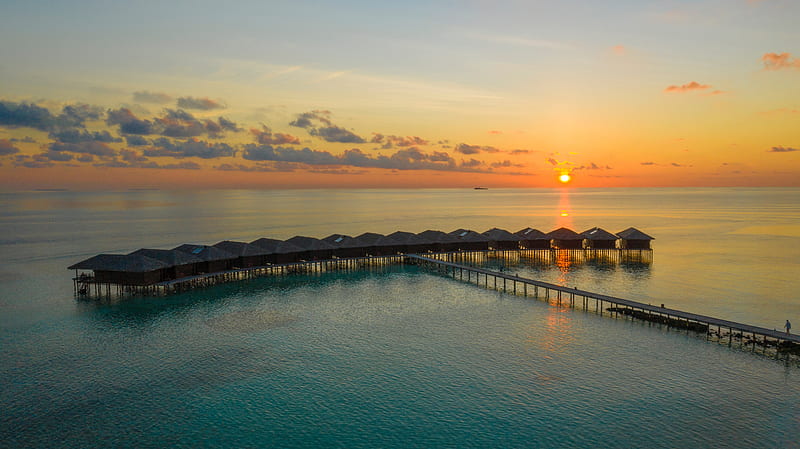 sunset, ocean, bungalow, sun, pier, beach vacation, HD wallpaper