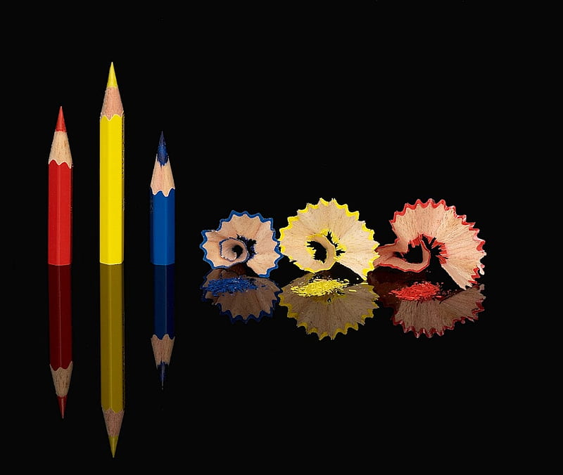 PENCILS, red, yellow, reflection, blue, HD wallpaper