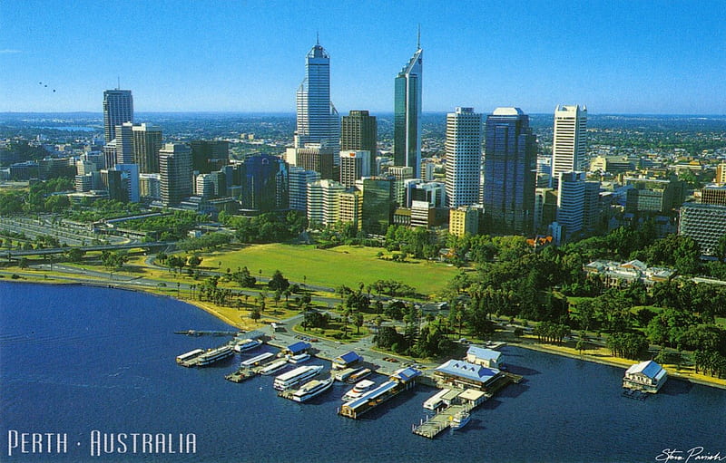 Perth City, Western Australia, city, boats, harbour, buildings, australia, trees, HD wallpaper