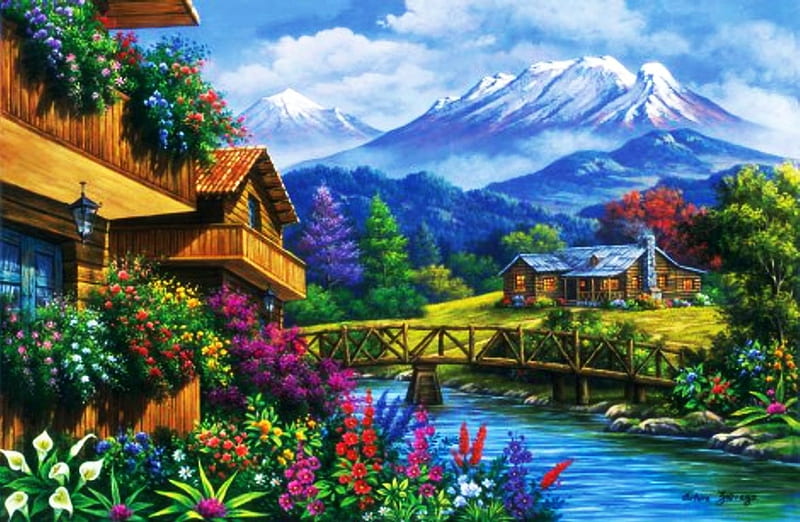 Mountains Overlooking Chalets, house, bridge, painting, flowers, colors, river, artwork, landscape, HD wallpaper