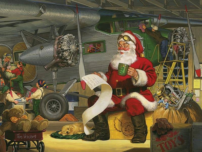 Santa's list, painting, craciun, art, airplane, christmas, pictura, tom newsom, santa, HD wallpaper