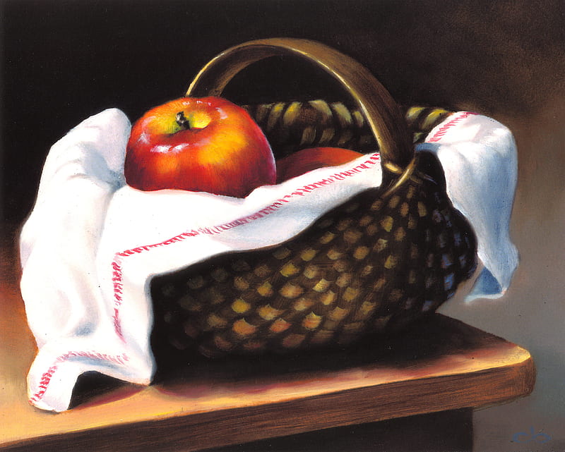 Forbidden Fruit, red, table, delicious, brown, apples, wicker, towel, eve, basket, juicy, white, wooden, sin, HD wallpaper