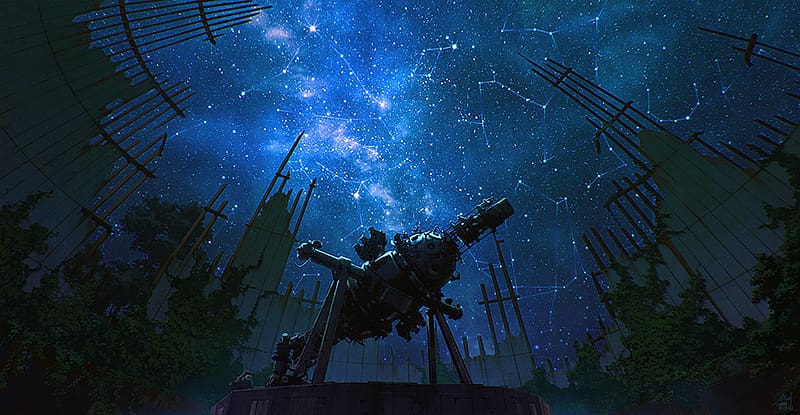 Anime, Fantasy, Stars, Night, Galaxy, Observatory, Telescope, Original, HD wallpaper
