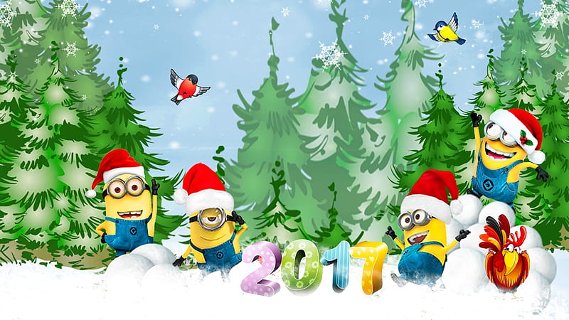Minions Christmas 2017, Christmas, animated, New Years, holiday, trees, snow, 2017, Minions, Firefox Persona theme, HD wallpaper