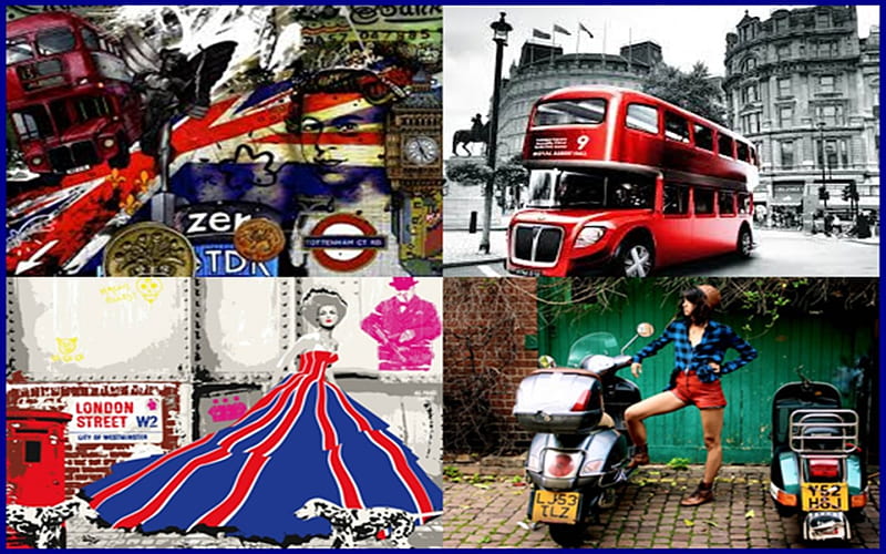 Retro London, red, yellow, bonito, modern, graphy, fantasy, beauty, pink, vintage, scooter, moped, model, houses, england, bus, retro, london, motorcycles, HD wallpaper