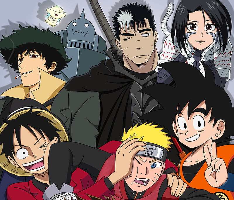 Anime, Crossover, Naruto , Naruto Uzumaki , Dragon Ball , Goku , One Piece , Monkey D. Luffy, HD wallpaper