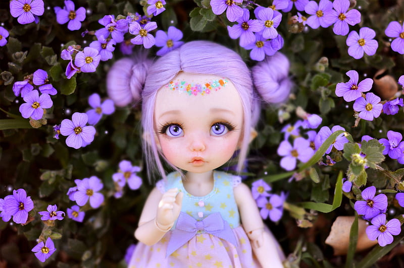Little doll, little, purple, flower, toy, doll, HD wallpaper