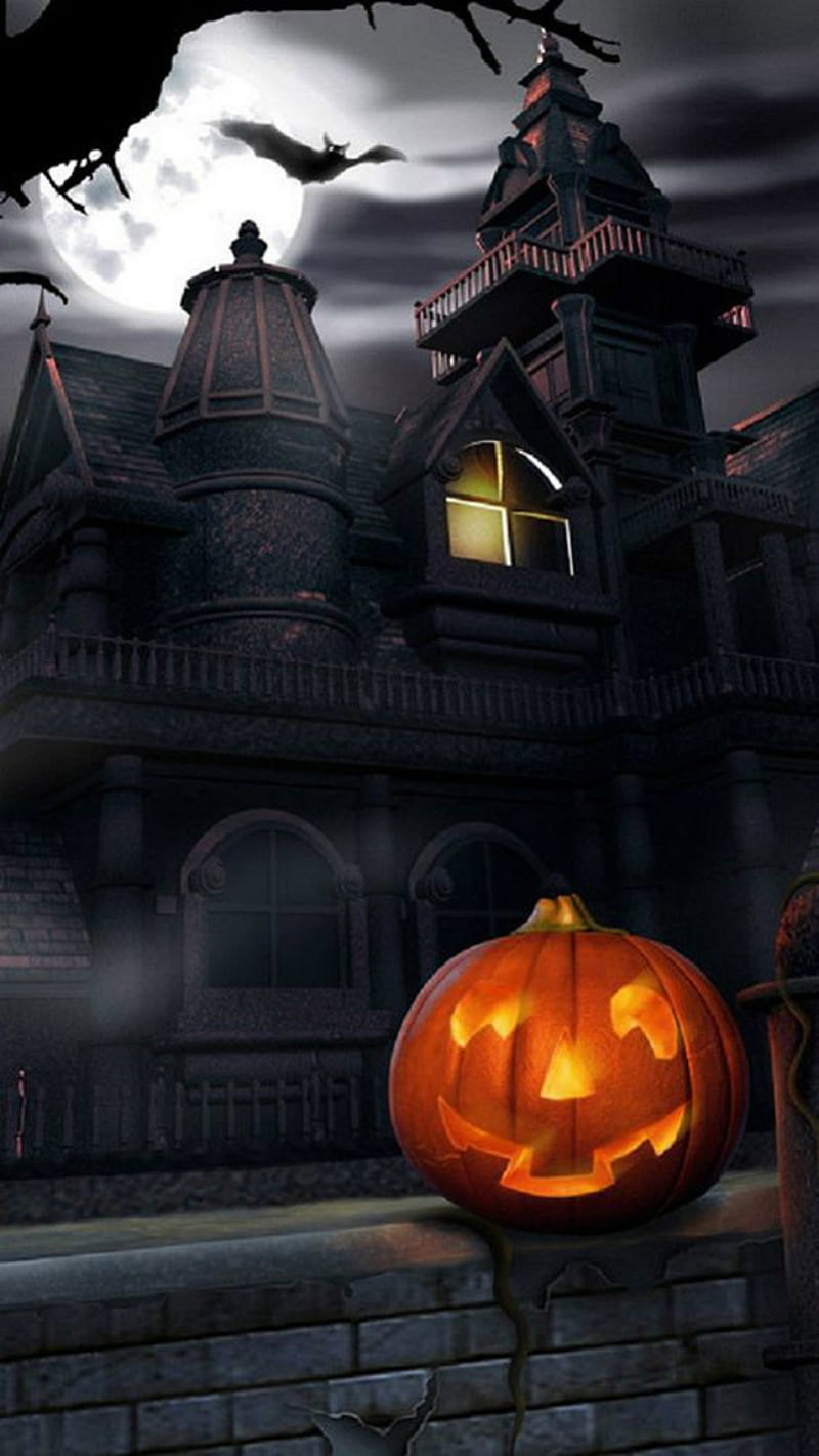 Happy Halloween, haunted house, pumpkin, HD phone wallpaper