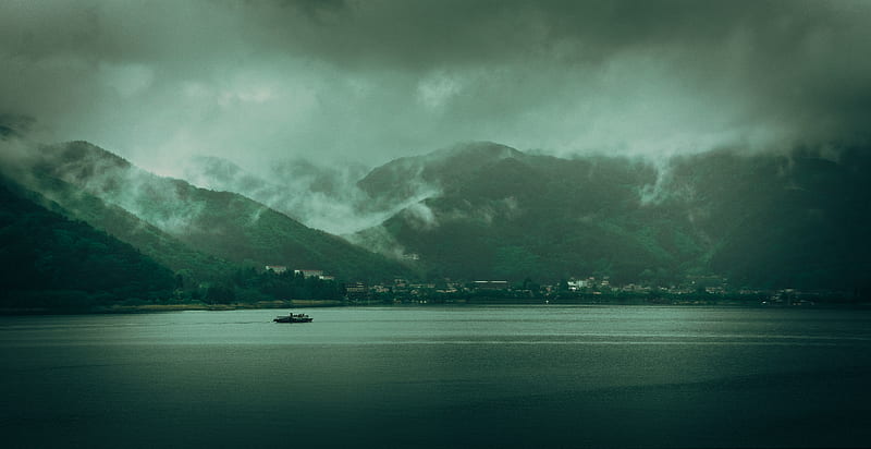 lake, hills, fog, clouds, gloom, landscape, HD wallpaper