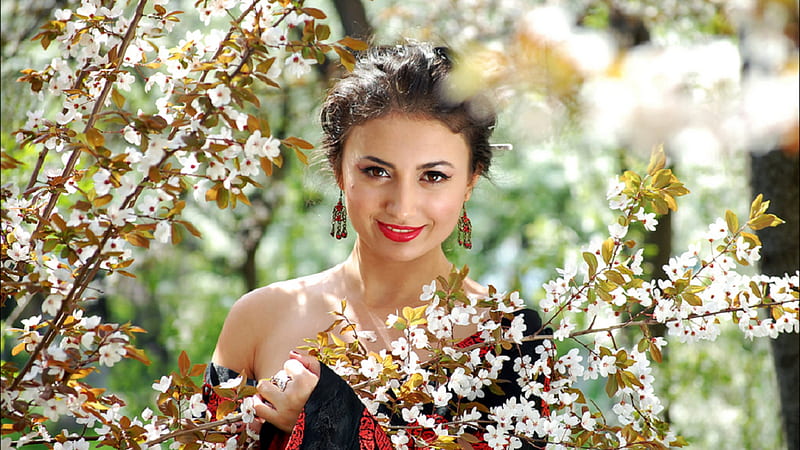 Woman In Flowery Trees, Brunette, Trees, Female, Models, Flowers, Woman, HD wallpaper