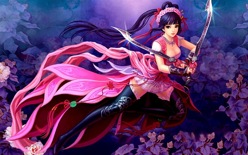 Princess of swords, bloom, woman, brunette, fantasy, girl, purple, anime, flower, beauty, princess, pink, sword, blue, HD wallpaper