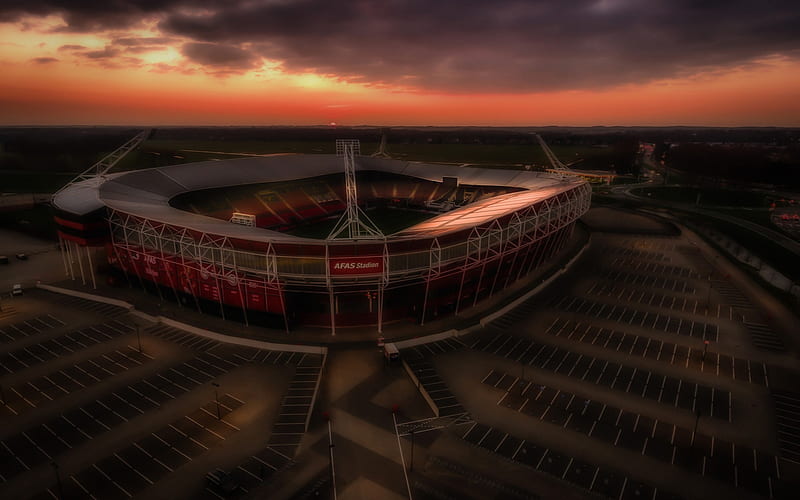 AFAS Stadion, football stadium, AZ Alkmaar, modern sports arena, sunset, evening, stadium, Alkmaar, Noord Holland, Netherlands, HD wallpaper