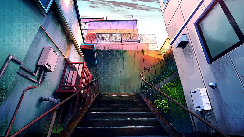 anime street, stairs, buildings, rusty, sky, fence, scenic, Anime, HD wallpaper