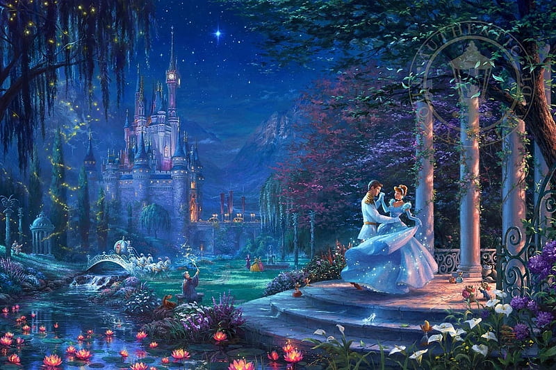 Cinderella's dance, dress, luminos, cinderella, thomas kinkade, fantasy, painting, dance, pictura, disney, night, blue, HD wallpaper