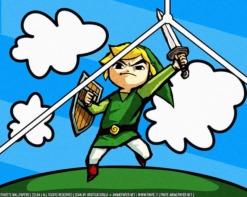 Toon Link Weilds the master Sword, sheild sword, toon link, zelda, air, hilltop, video games, clouds, sky, HD wallpaper