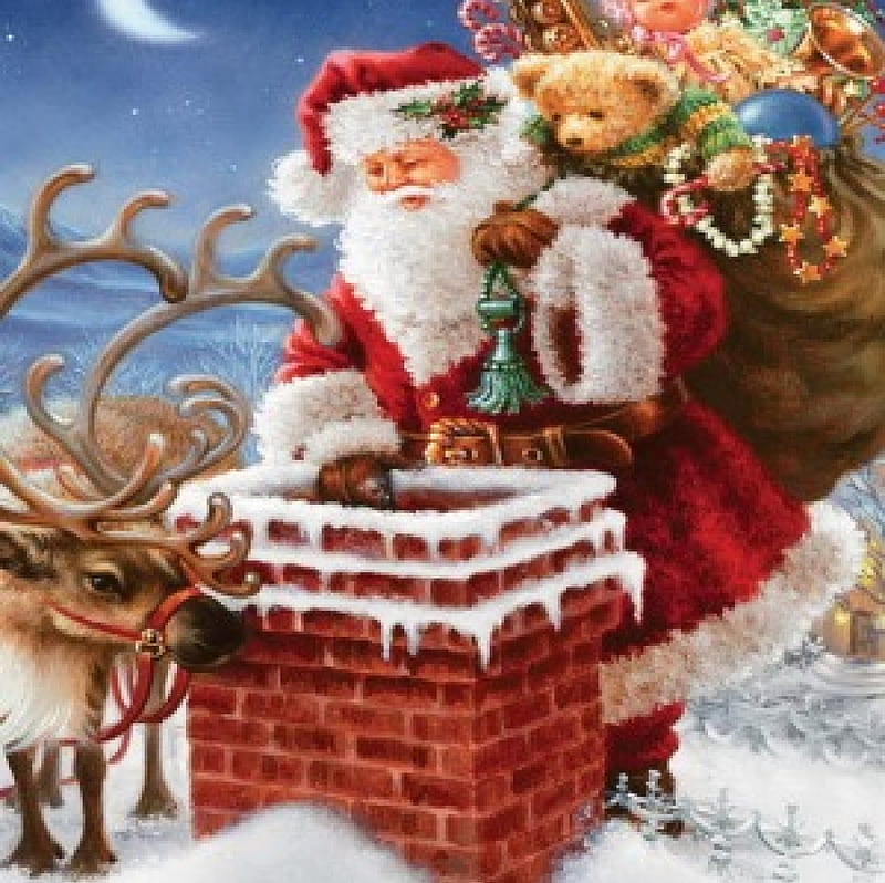 Santa claus on roof, colorful, roof, lovely, christmas, december, bonito, deer, winter, spirit, santa, splendor, color, toys, claus, HD wallpaper