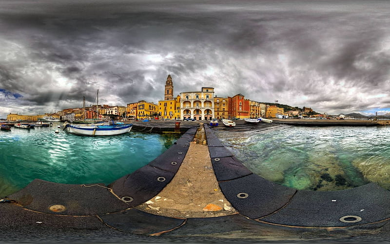 Island city, architecture, orange, ville, clouds, nice, boat, scenario, path, cities, cityscape, sky, storm, water, cool, awesome, olors, scenic, clear water, gray, renderized, panoramic view, Veneza, bonito, city, green, bridge, trail, scenery, road, beije, blue, amazing, view, colors, medieval, island, scene, HD wallpaper