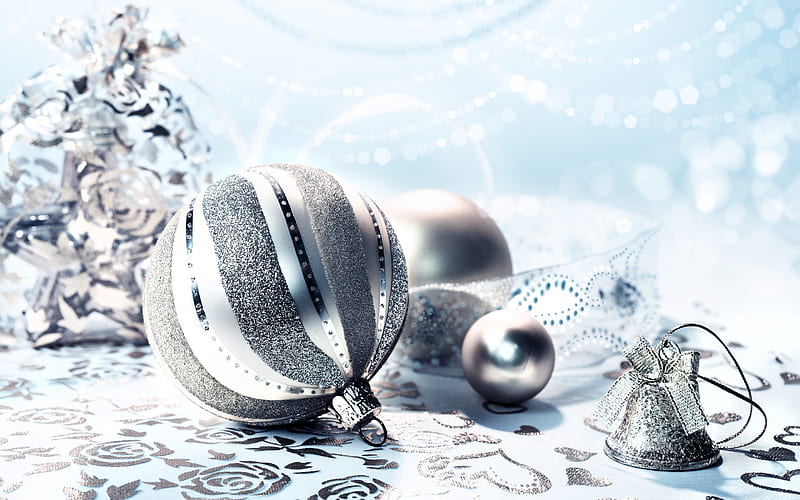 Silver christmas ball, Merry Christmas, Happy New Year, Silver Christmas background, Silver bell, Christmas background, HD wallpaper