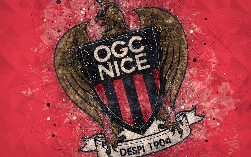 OGC Nice geometric art, French football club, creative art, logo, emblem, Ligue 1, red abstract background, Nice, France, football, HD wallpaper
