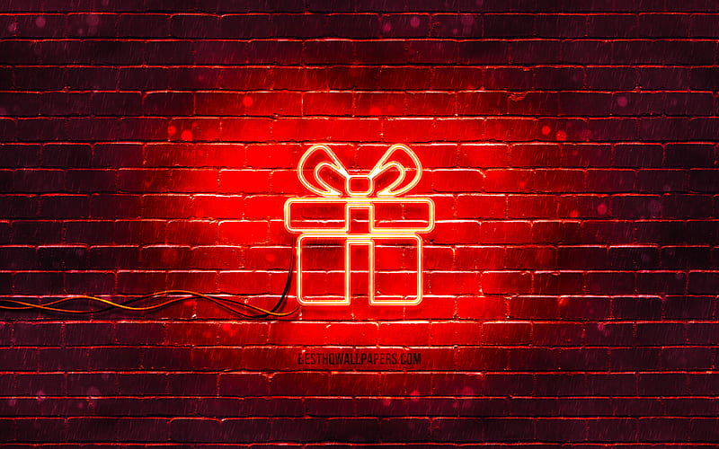 Gift Box neon icon red background, neon symbols, Gift Box, creative, neon icons, Gift Box sign, holidays signs, Gift Box icon, holidays icons, HD wallpaper