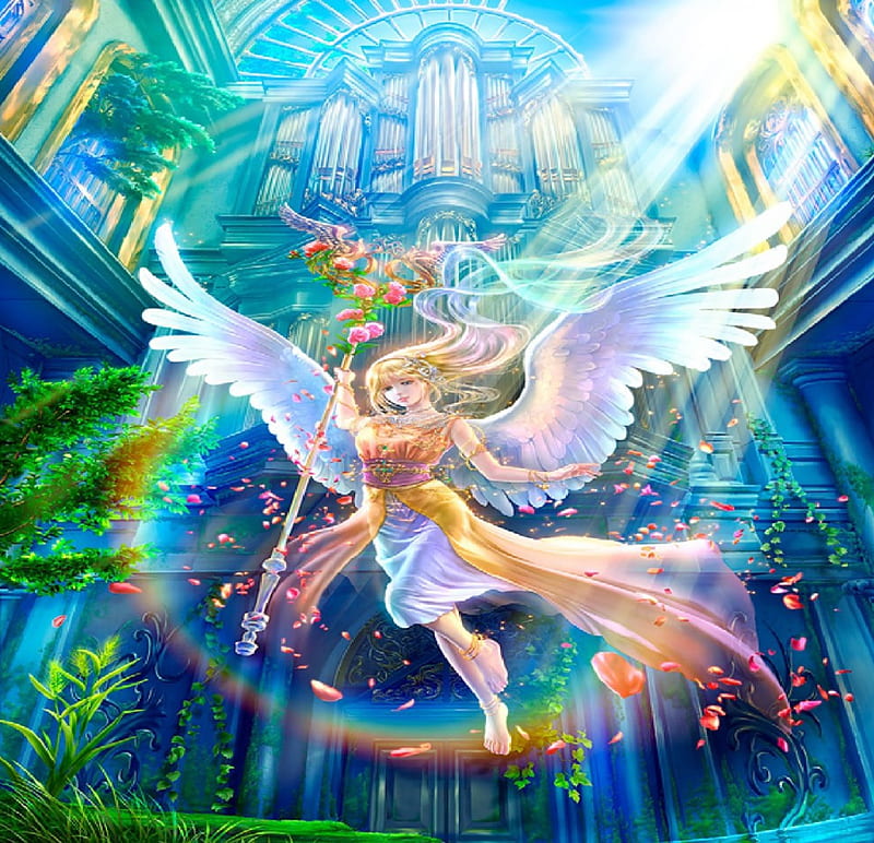 Angel Descending, female, rose petals, church, angel, HD wallpaper