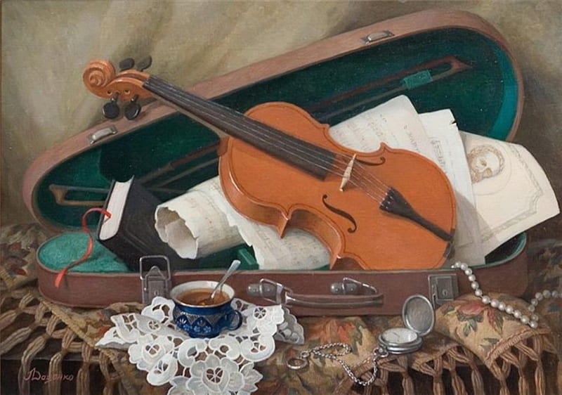 music with words, table, violin, case, notes, book, cup, drink, HD wallpaper