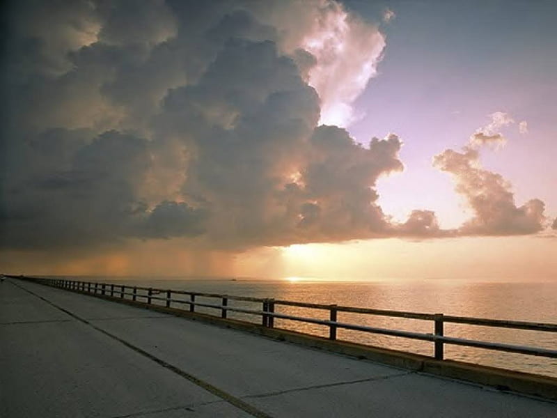 Overseas Highway, Florida Keys, bridge, ocean, road, clouds, sky, HD wallpaper