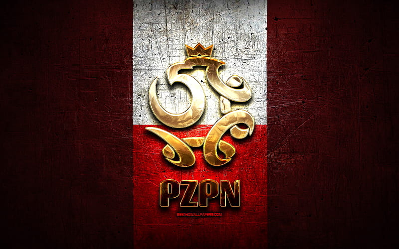 Poland National Football Team, golden logo, Europe, UEFA, red metal background, Polish football team, soccer, PZPN logo, football, Poland, HD wallpaper