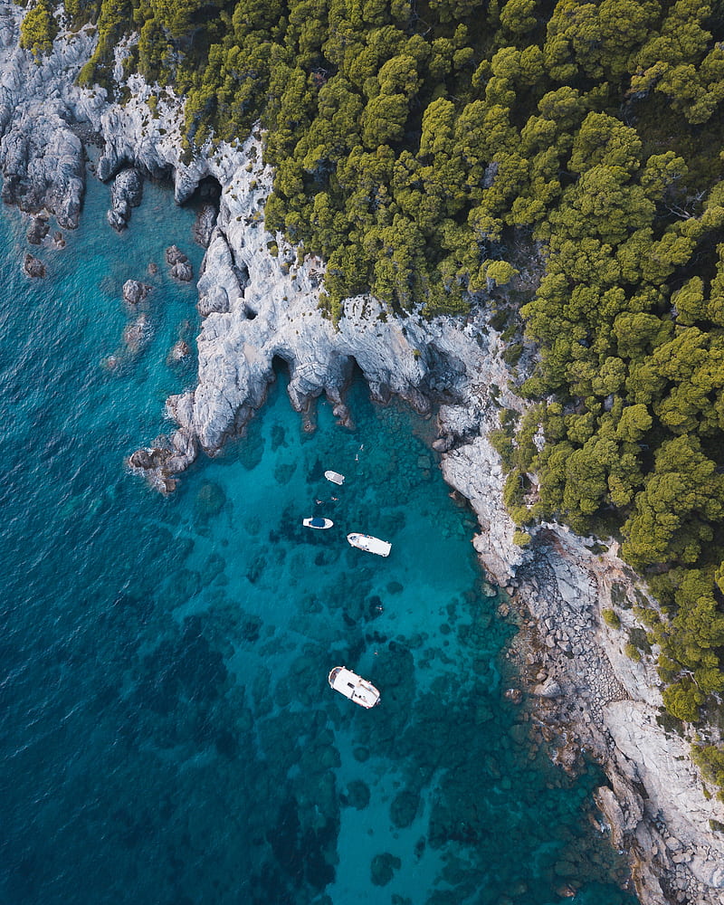coast, sea, boat, rocks, aerial view, HD phone wallpaper