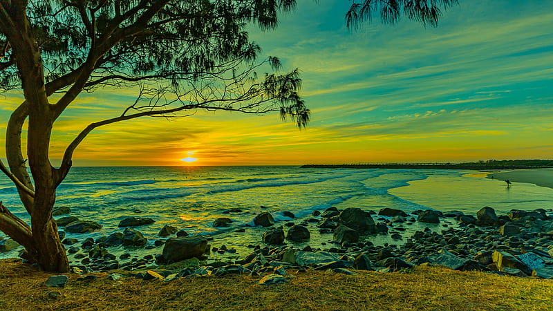 Beautiful Beach Sunset Under Blue Cloudy Sky Nature, HD wallpaper