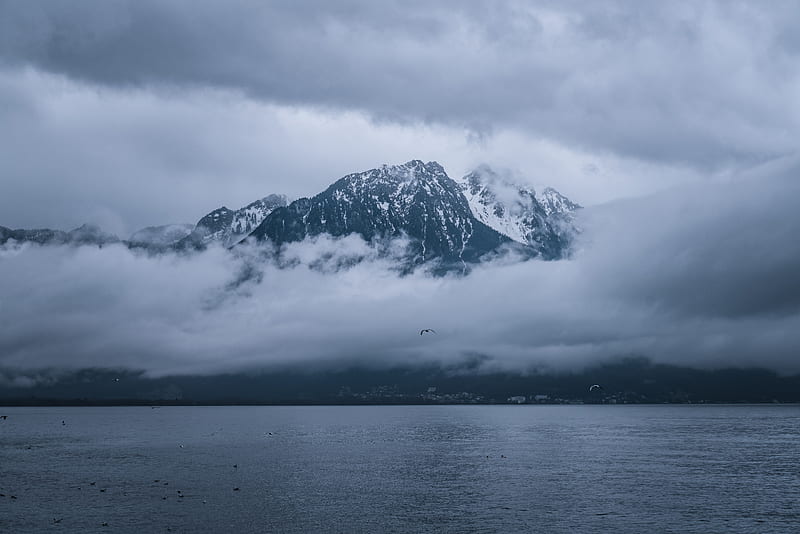 mountains, lake, clouds, shore, nature, HD wallpaper