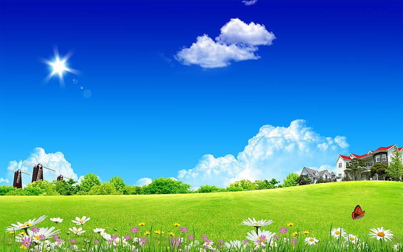 Beautiful Landscape, grass, windmills, home, sunny, bonito, clouds, fantasy, butterfly, green, flowers, fields, blue, houses, spring, sky, trees, abstract, daisies, nature, landscape, HD wallpaper
