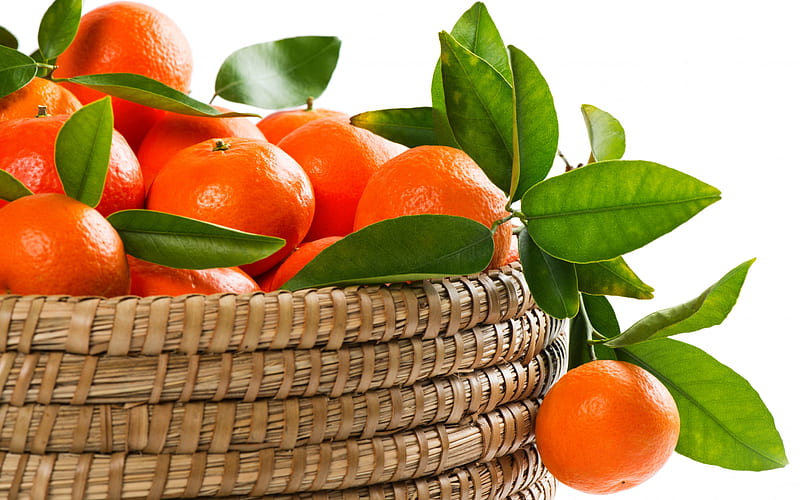 Mandarines, mandarine, fruit, orange, leaf, basket, HD wallpaper