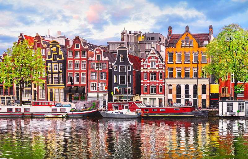 Colorful Amsterdam, colorful, water, Holland, houses, bonito, Amsterdam, reflection, Netherland, boats, HD wallpaper
