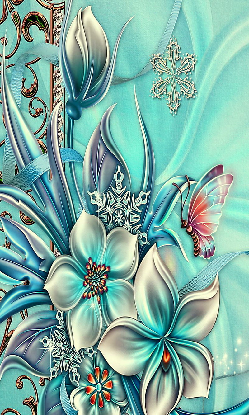 Floral Blue, abstract floral, butterfly, flowers, HD phone wallpaper