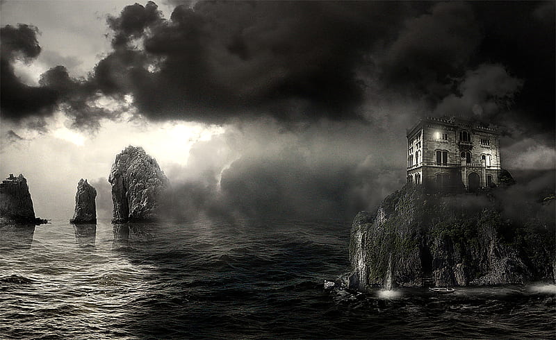 Haunted house, house, halloween, dark, ocean, scary, haunted, sky, HD wallpaper