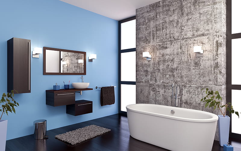 stylish bathroom interior, loft style, blue walls, modern interior design, bathroom, HD wallpaper
