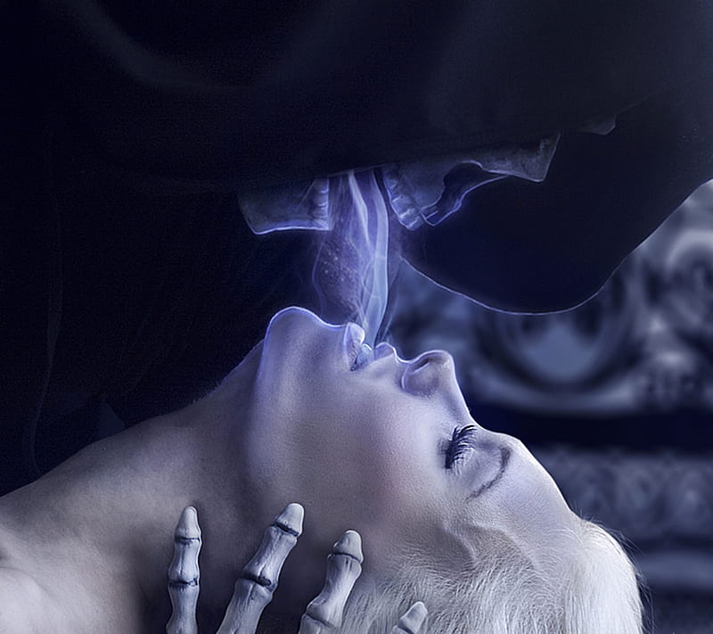 Kiss of Death, breath, dark, girl, goth, gothic, reaper, woman, HD wallpaper