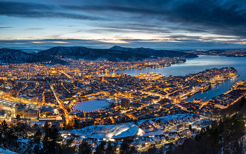 Bergen, cityscape, evening, sunset, city lights, Norwegian city, Norway, HD wallpaper