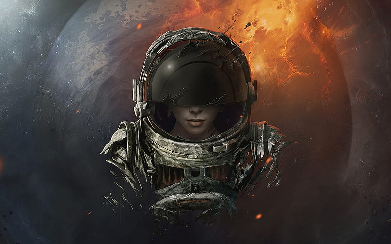 Astronaut girl, fantasy, girl, astronaut, cosmonaut, planet, helmet, HD wallpaper