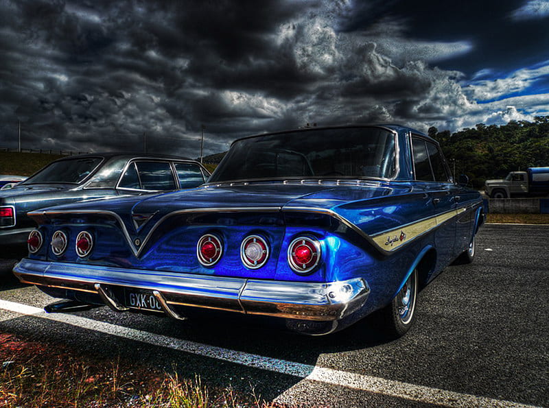 61 chev impala, black, chev, sky, old, clouds, impala, antique, r, road, blue, HD wallpaper