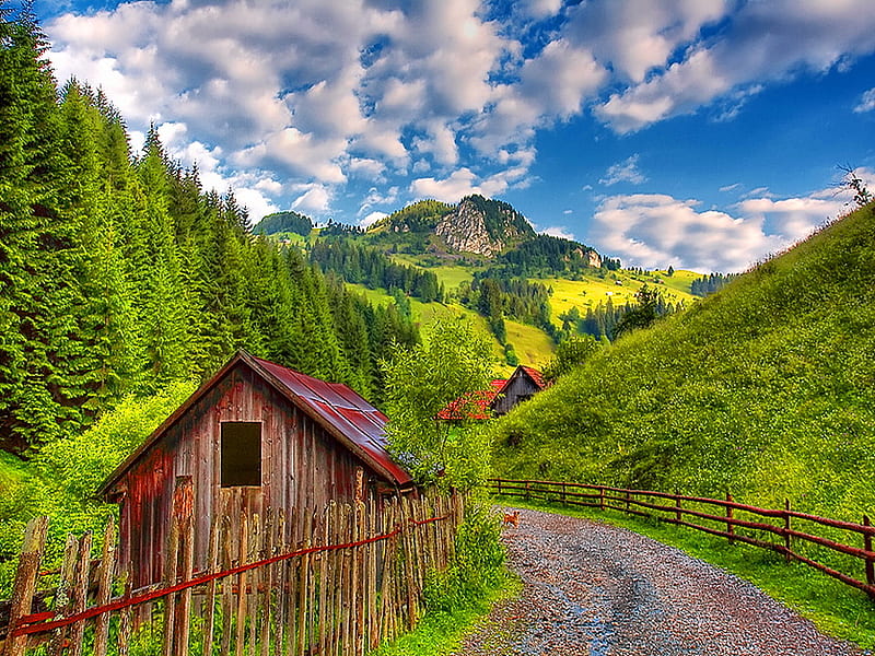 Barns in the mountain, cottage, sky, clouds, barn, mountain, green, path, nature, road, HD wallpaper