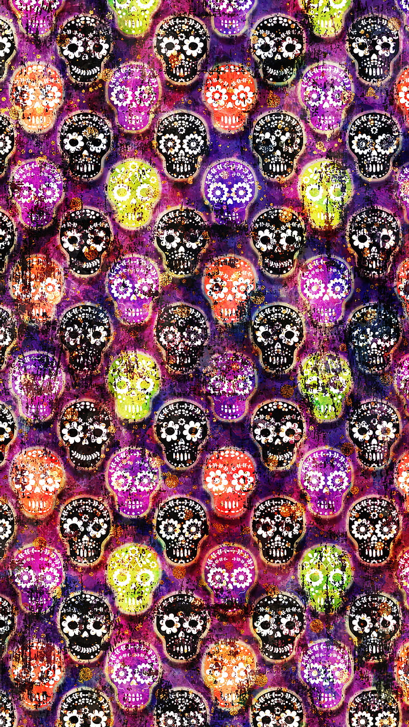 Fun Floral Skulls, Adoxali, Calavera, Halloween, Mexican, background, black, bone, cute, day, dead, death, decorative, dia de los muertos, face, festival, flower, folk, funky, funny, gothic, grunge, grungy, head, hipster, human, illustration, mask, pattern, simple, skull, spooky, sugar, vintage, HD phone wallpaper