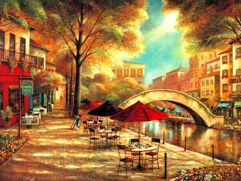 Riverwalk cafe, cafe, riverbank, sunny, bonito, nice, bridge, painting, shops, flowers, river, morning, riverwalk, street, rest, lovely, relax, town, trees, pleasant, coffee, summer, walk, HD wallpaper