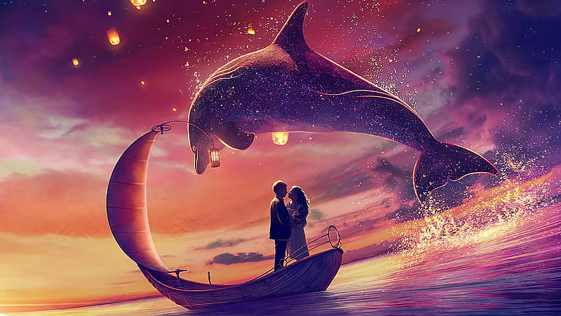 Sweet Moment, couple, love, dolphin, artist, artwork, digital-art, HD wallpaper