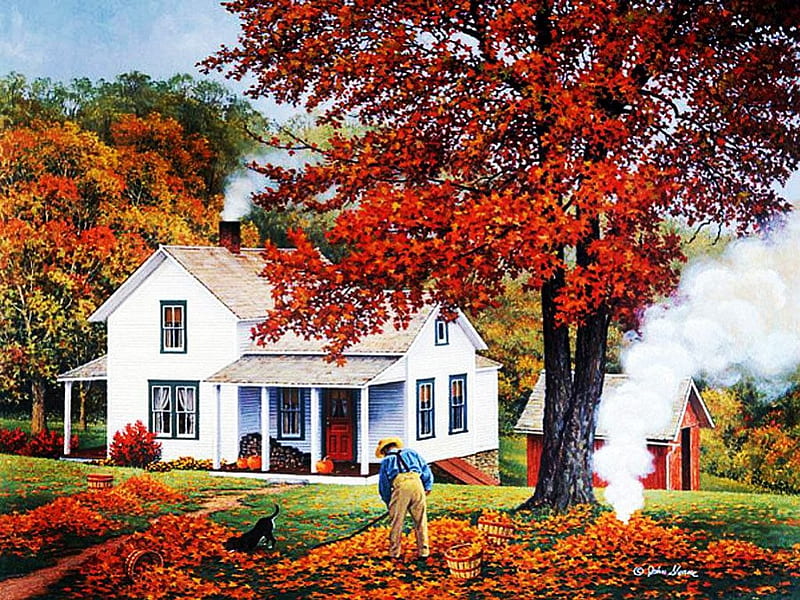 Autumn Greetings, tree, leaves, cottage, painting, colors, HD wallpaper